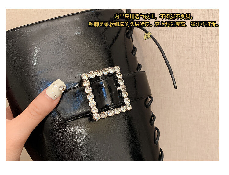 Karin Luna In Stock Spot Goods Bestselling Extended Version Rhinestone Square Buckle Thick Sole Lace-up Thick Sole Full Cowhide Knight Boots