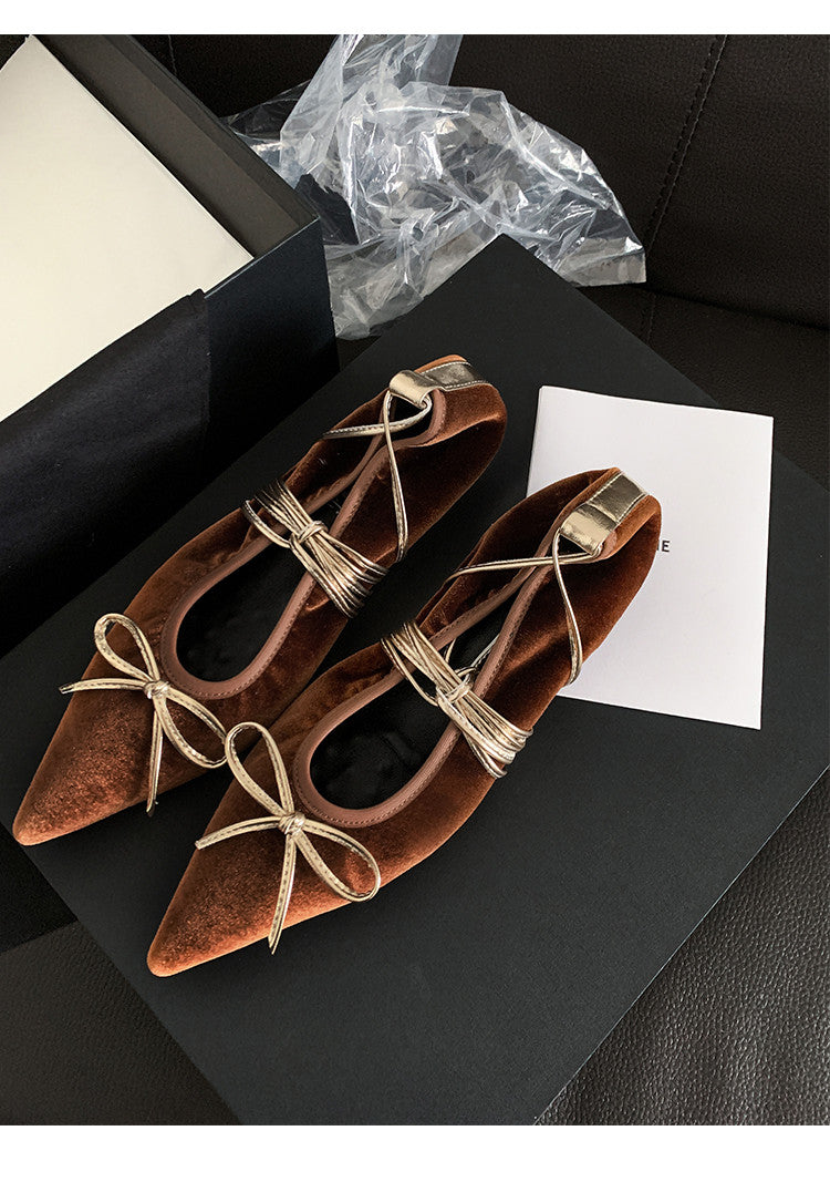 Karin Luna In Stock In Stock Retro Velvet Pointed Toe Bowknot Single Shoes