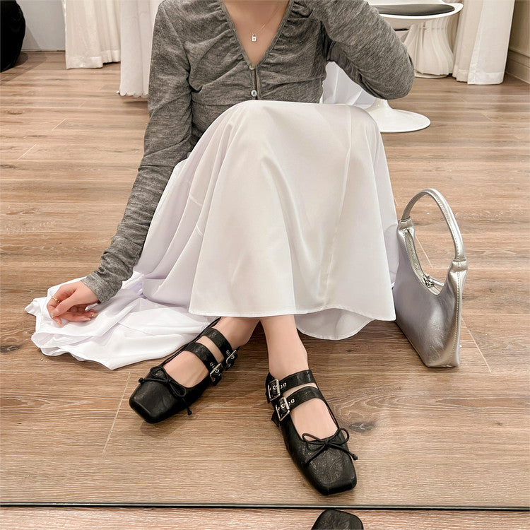 Karin Luna In Stock Spot Goods Sweet Bowknot Square Toe Hidden Wedge Strap Buckle Single Shoes