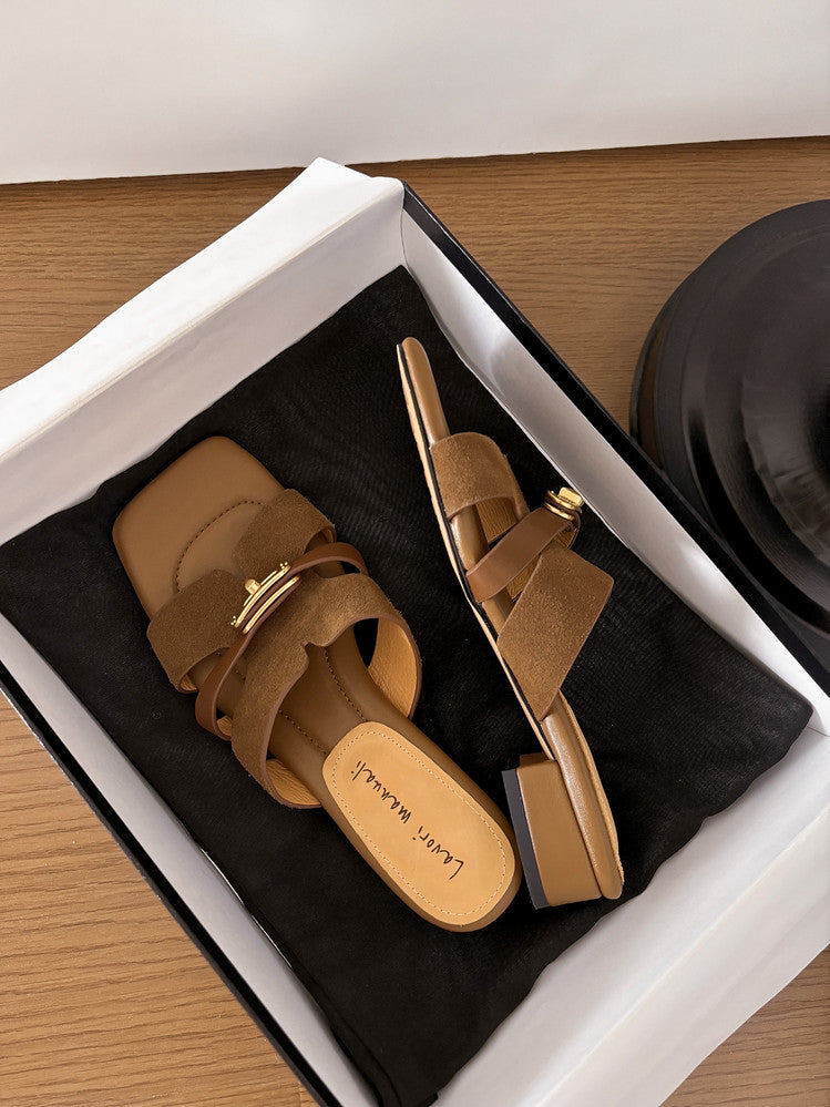 Karin Luna Comfortable Gold Buckle Square Toe Chunky Heel Casual Style Slippers