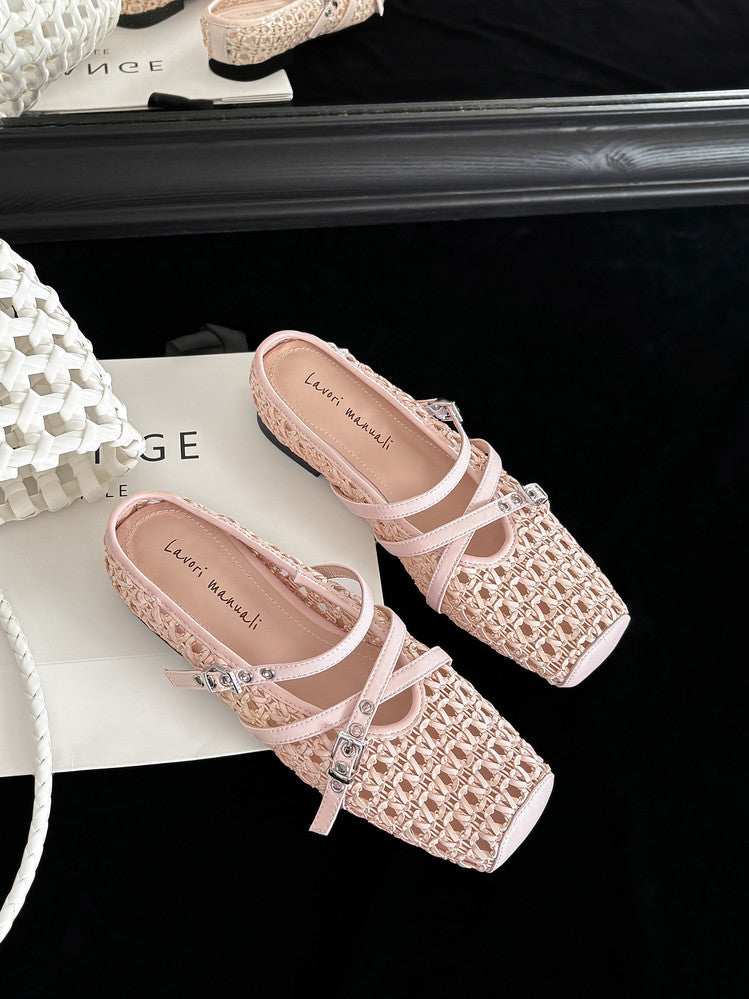 Karin Luna In Stock Spot Goods  Hot-Selling Square-Toe Woven Pig Nose Closed-Toe Slippers