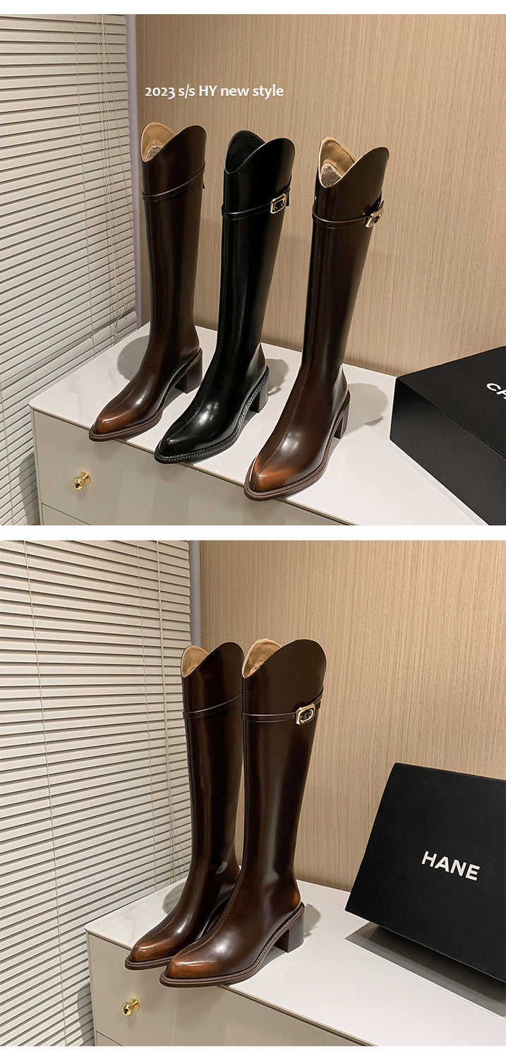 Karin Luna Classic Model In Stock Spot Goods  Elegant Belt Buckle Pointed Toe Chunky Heel Long Boots