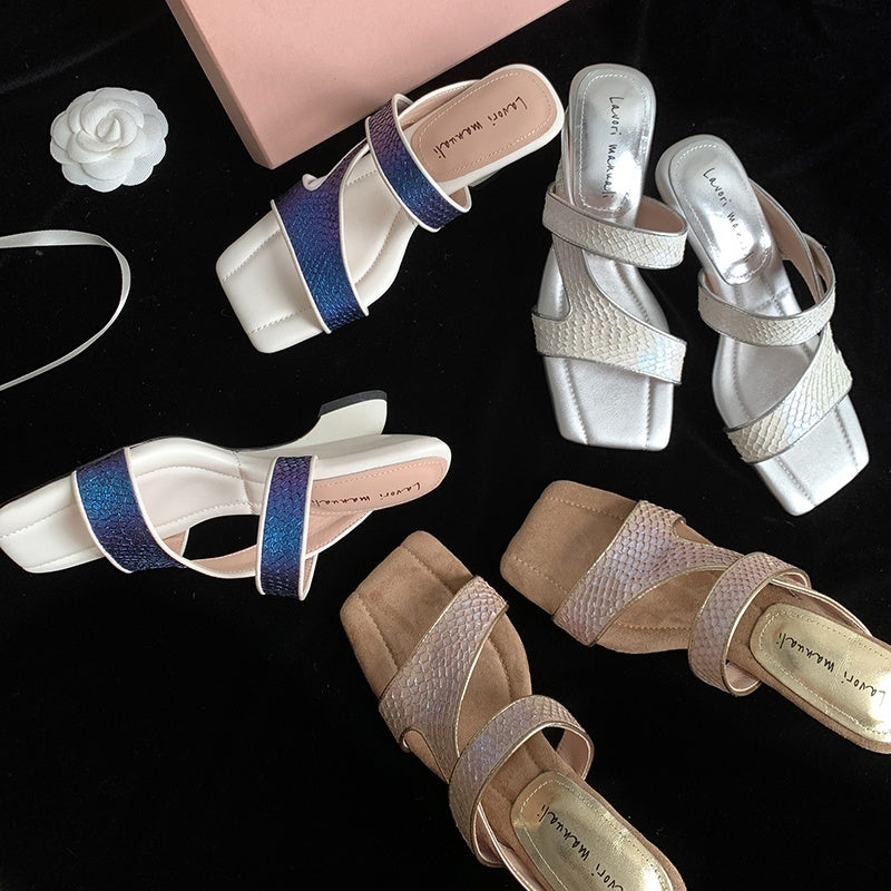 Karin Luna Fish Skin Series~Minimalist Square Toe Popular Irregular Heel Slippers