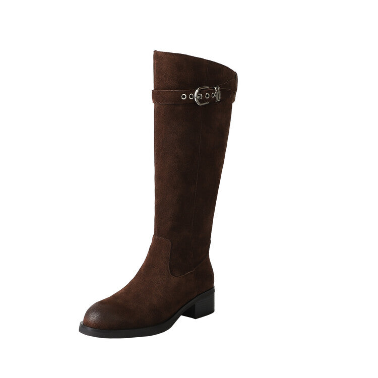 Karin Luna Chunky Heels Round Head Belt Buckle  Fashionable Suede Boots