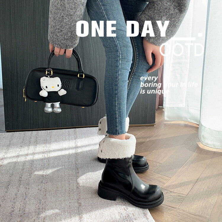 Karin Luna Classic Basic Style   Convertible Foldable Hidden Buckle Snow Fur Shoes Full cowhide Basic Flat Short Boots