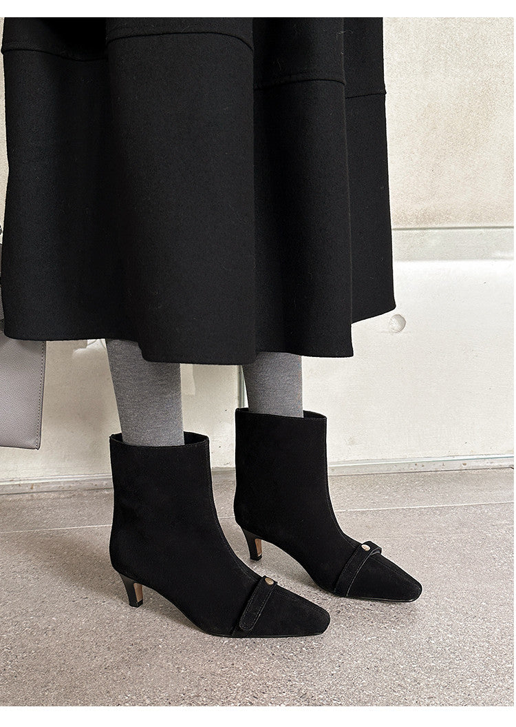Karin Luna Elegant Style Small Square Toe Belt Buckle Thin Heel Short Boots