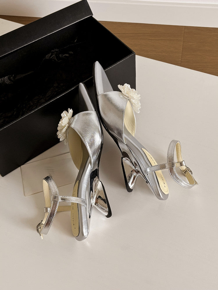 Karin Luna In Stock Spot Goods  Classic Camellia Pointed Toe Elegant Irregular Heel Sandals