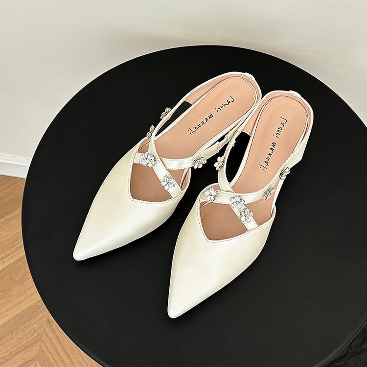 Karin Luna Elegant Pointed Toe Rhinestone Flower High Heel Mules