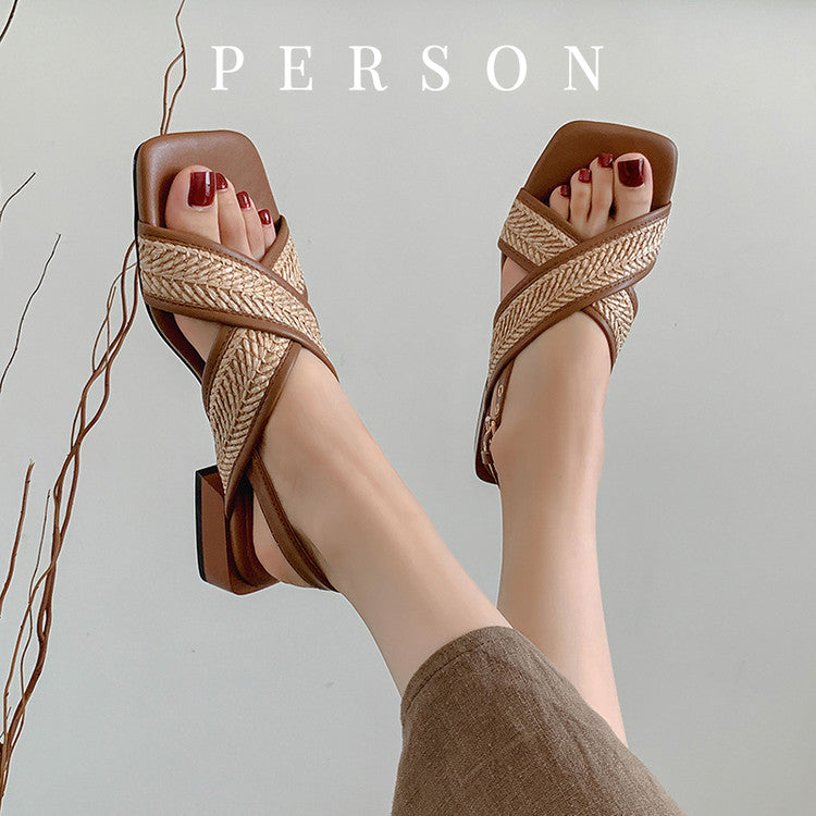 Karin Luna In Stock  Spot Goods Woven Style  Cross-strap Vacation Style Flat Sandals