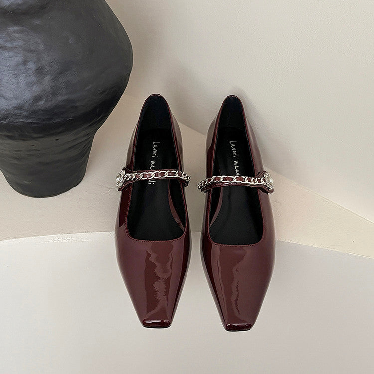 Karin Luna In Stock In Stock ~Metal One-Strap Pearl Small Square Toe Height-Increasing Flats