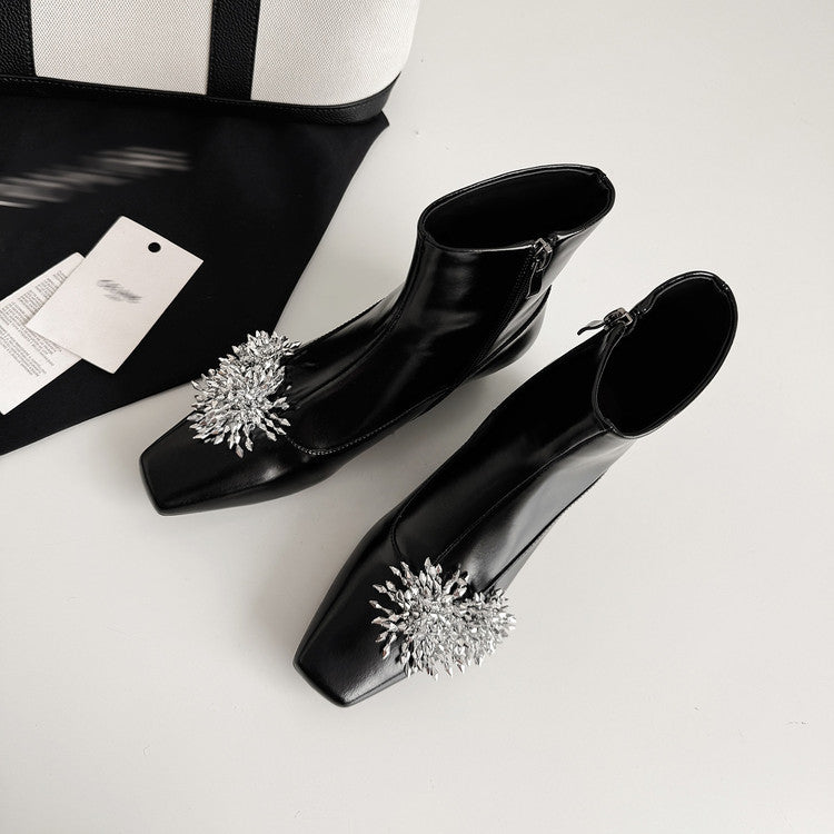 Karin Luna Elegant Style Square Toe Flower Design Height Increasing Short Boots with Two Front and Back Options