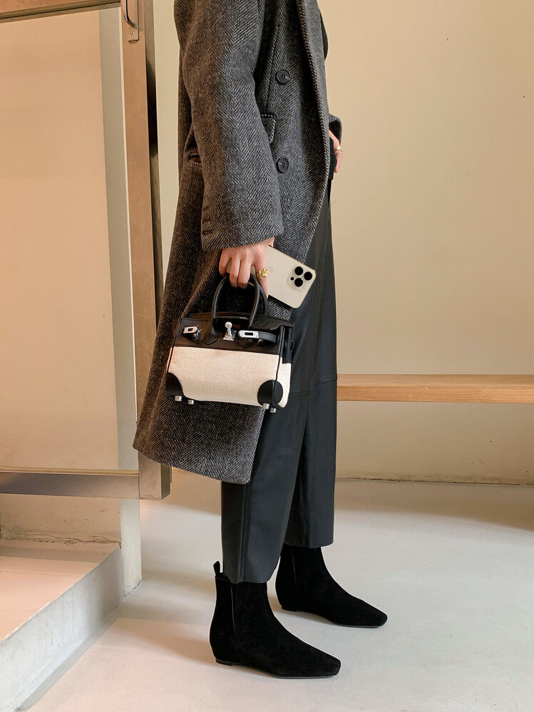 Karin Luna Classic Style Internal Height Increase Cowhide Leather Small Square Toe Short Fashion Boots