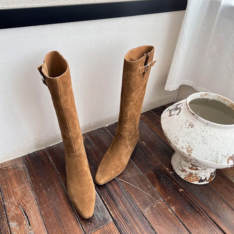 Karin Luna In Stock Spot Goods Vintage Cowhide Leather Chunky Heel Height Increasing Long Boots