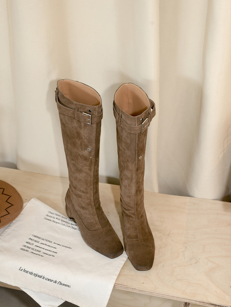 Karin Luna Belt Buckle Elegant Chunky Heel Suede Western Boots