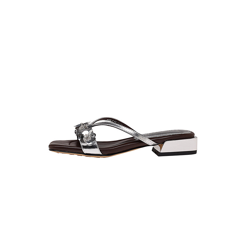 Karin Luna In Stock Spot Goods  One-Strap Sequin Floral Square-Toe Flat Slippers