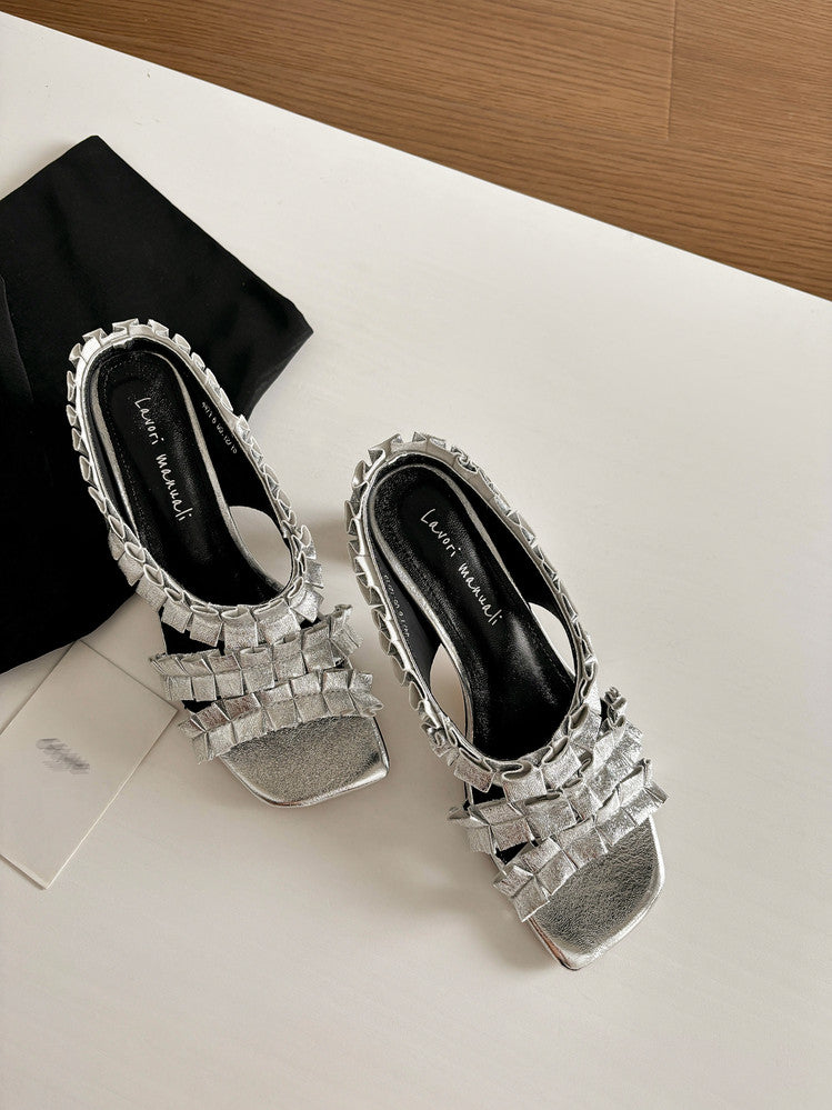 Karin Luna In Stock  Spot Goods  Unique Square-Toe Pleated Lace Sandals