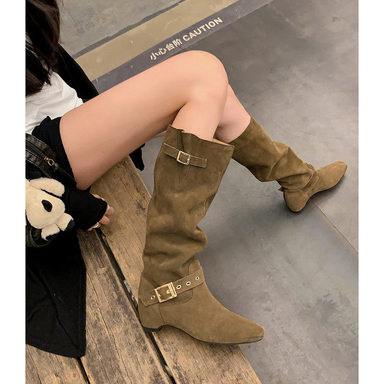Karin Luna Data Model Belt Buckle Matte Square Toe Hidden Wedge Slouch Western Boots