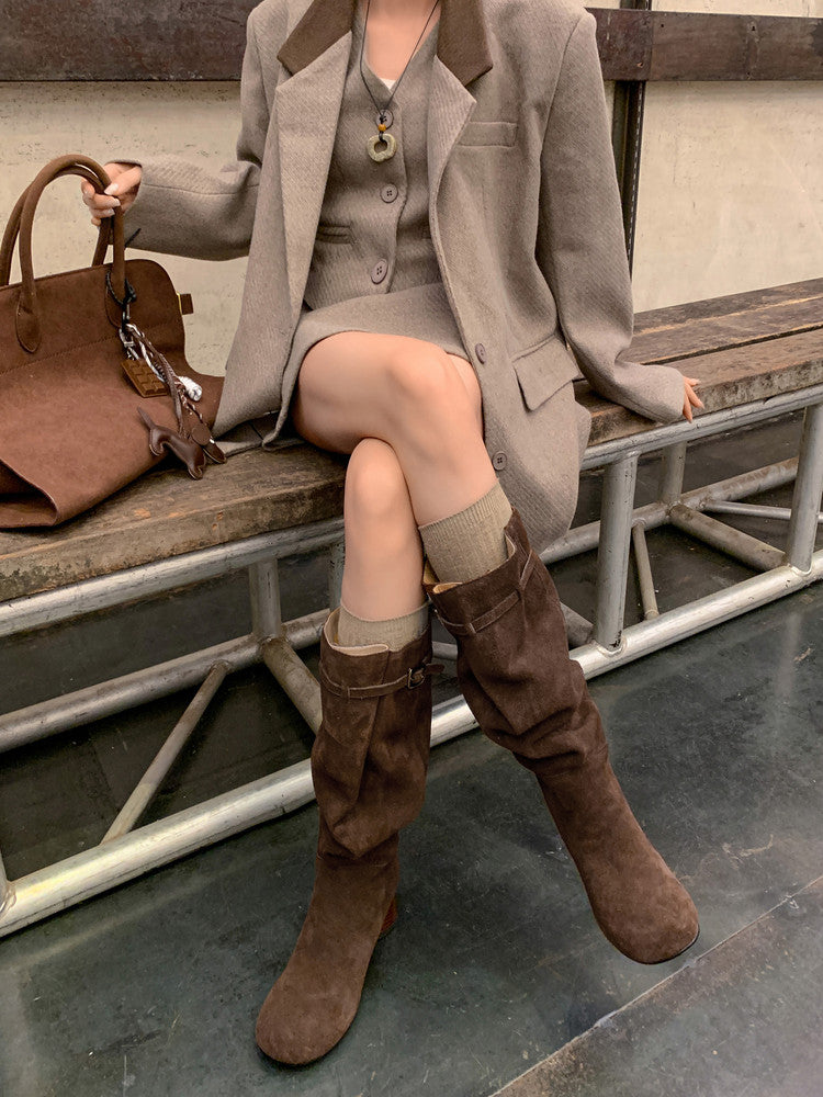 Karin Luna In Stock In Stock Mango Head Large Tube Belt Buckle Chunky Heel Long Boots