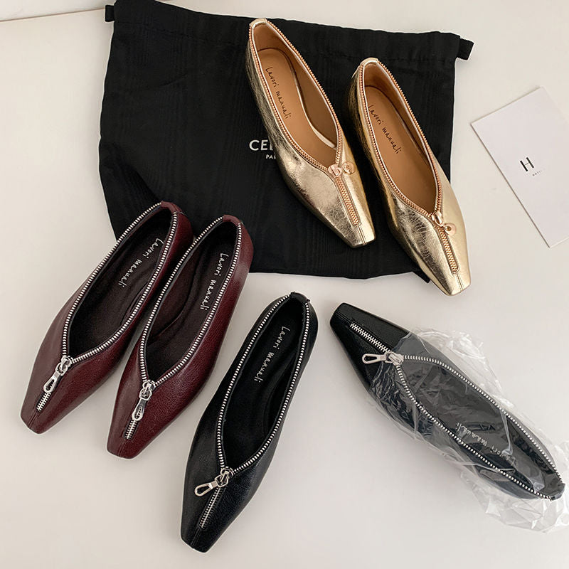 Karin Luna In Stock In Stock ~Basic Versatile Light Luxury Zipper Small Square Toe Flats