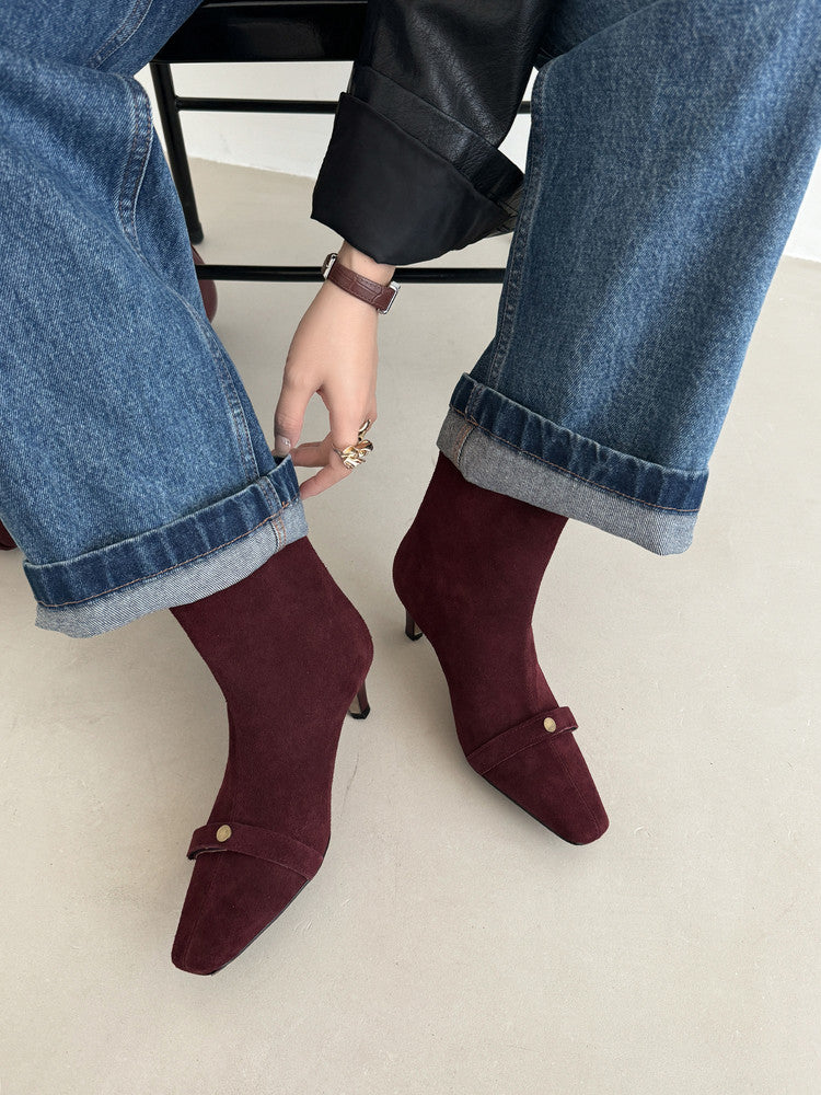 Karin Luna Elegant Style Small Square Toe Belt Buckle Thin Heel Short Boots