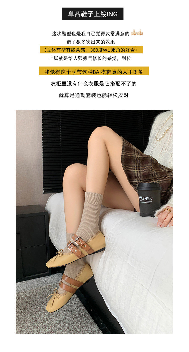 Karin Luna In Stock Spot Goods Minimalist Retro Round Toe Mary Jane Bowknot Height-Increasing Flats