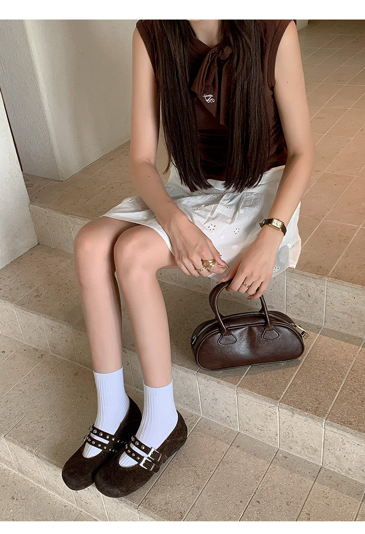 Karin Luna Hot Item Hot Item Punk Style One-Strap Round-Toe Suede Leather Height-Increasing Flats