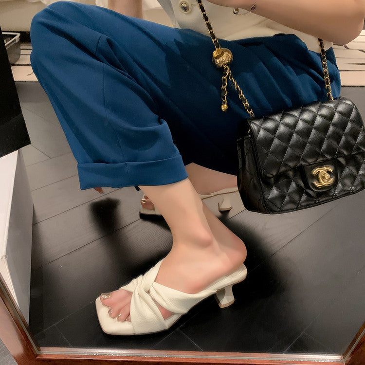 Karin Luna In Stock In Stock  Comfortable Cross Strap  Airy High Heel Square Toe Slippers
