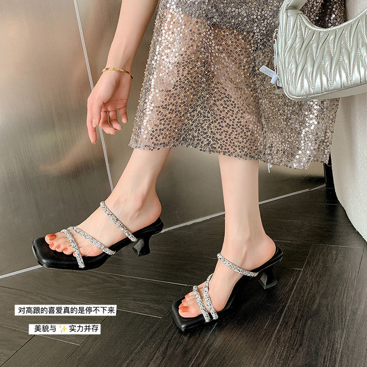 Karin Luna In Stock Spot Goods  Minimalist Versatile Square Toe Rhinestone Strap Open-Toe Sandals