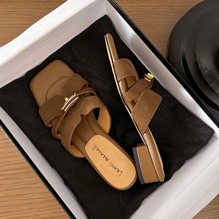 Karin Luna Comfortable Gold Buckle Square Toe Chunky Heel Casual Style Slippers
