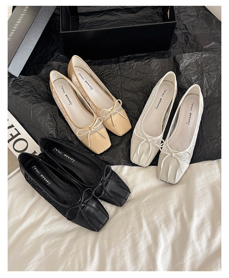 Karin Luna In Stock In Stock  Wrinkled Square Toe Patchwork Breathable Mesh Bow Granny Shoes