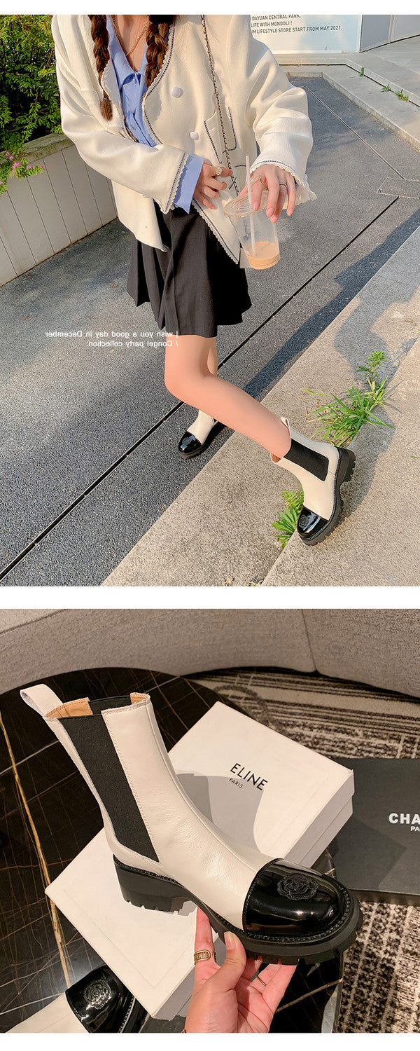 Karin Luna In Stock Spot Goods  Classic Embroidered Camellia Round Toe Thick Sole Chelsea Boots