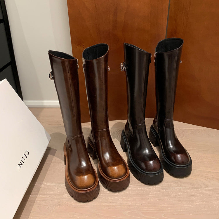 Karin Luna In Stock In Stock  Round Toe Thick Sole Belt Buckle Side Zipper Knight Boots