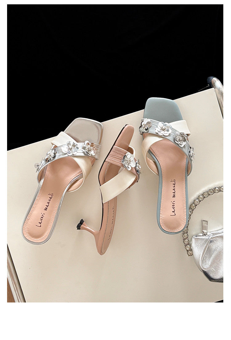 Karin Luna In Stock Spot Goods  Sequin Floral Cross Strap Square Toe Stiletto Slippers