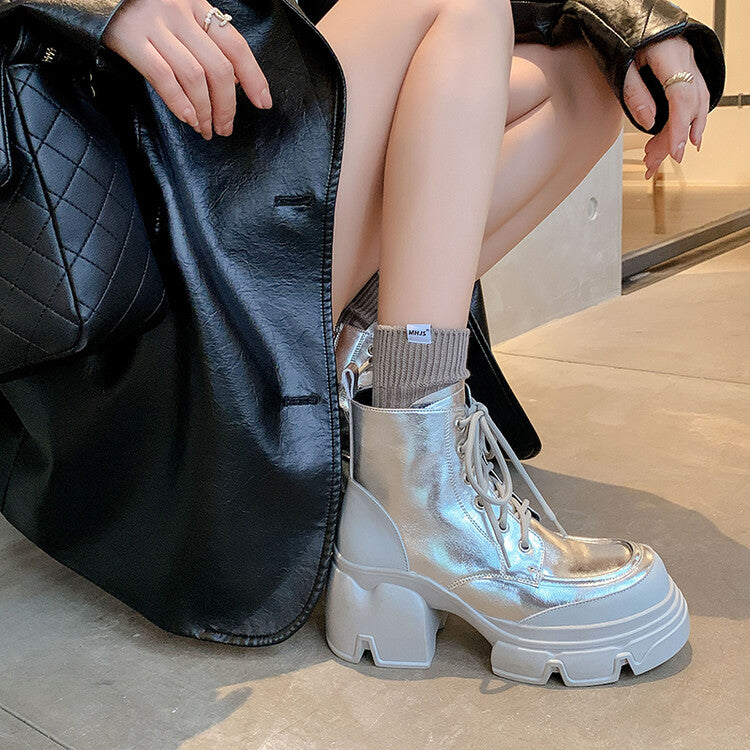 Karin Luna Casual Thick Sole Full Cowhide Lace-up Thick-soled Short Boots   Classic All-Matching