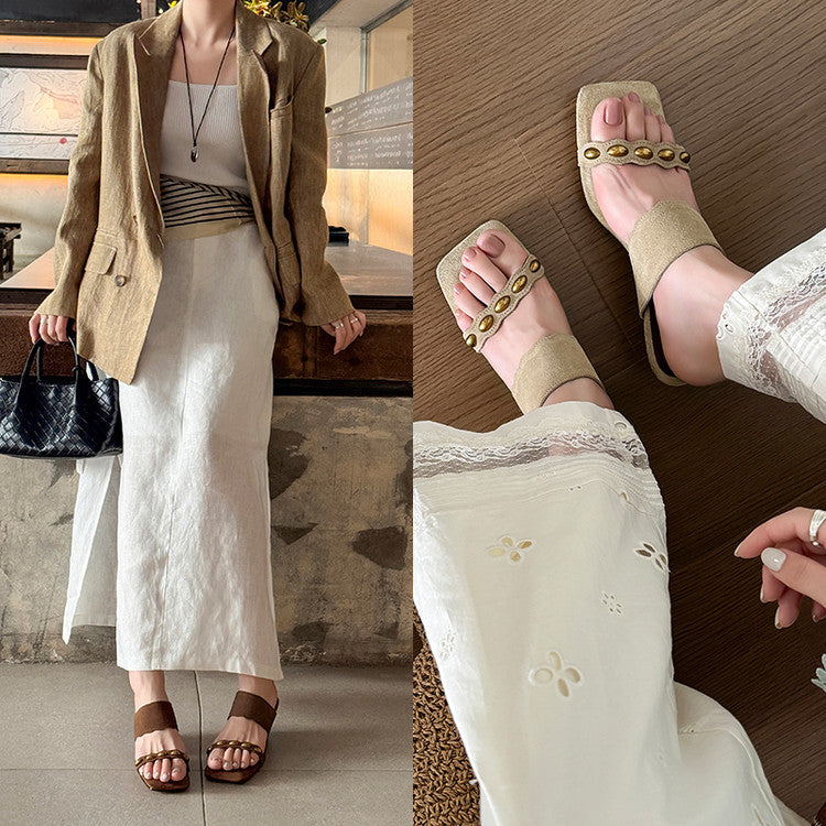 Karin Luna Hot-Selling Element Amber Heel~Spot Goods Spot Goods  Vacation Style One-Strap Amber Irregular Heel Slippers