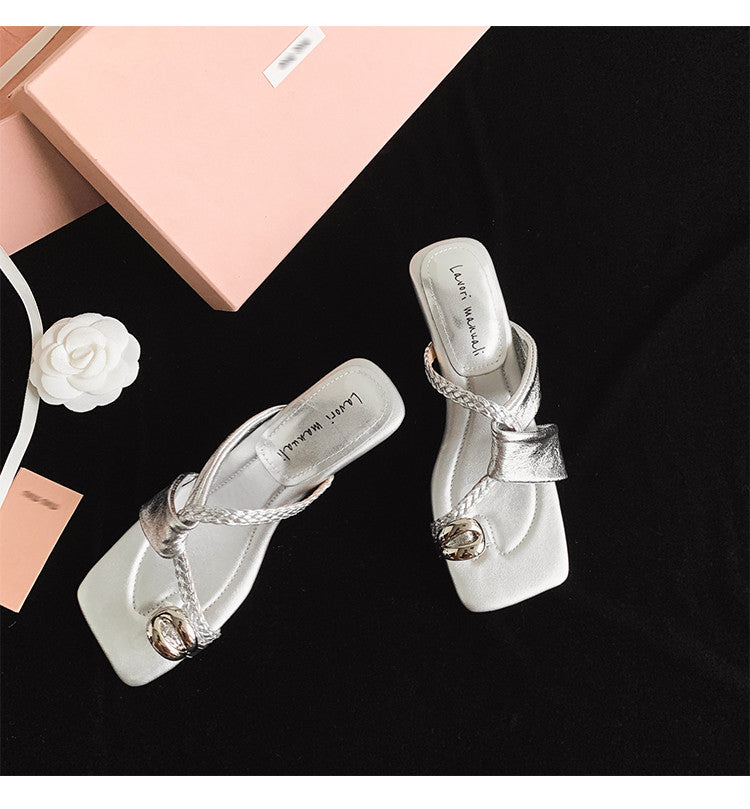 Karin Luna Braided Style ~Cross Strap Square Toe Irregular Heel Slippers