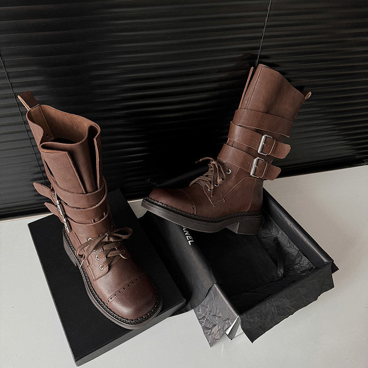Karin Luna Bestseller Hot-Selling Large Tube Leather Belt Buckle Round Toe Thick-Soled Short Boots