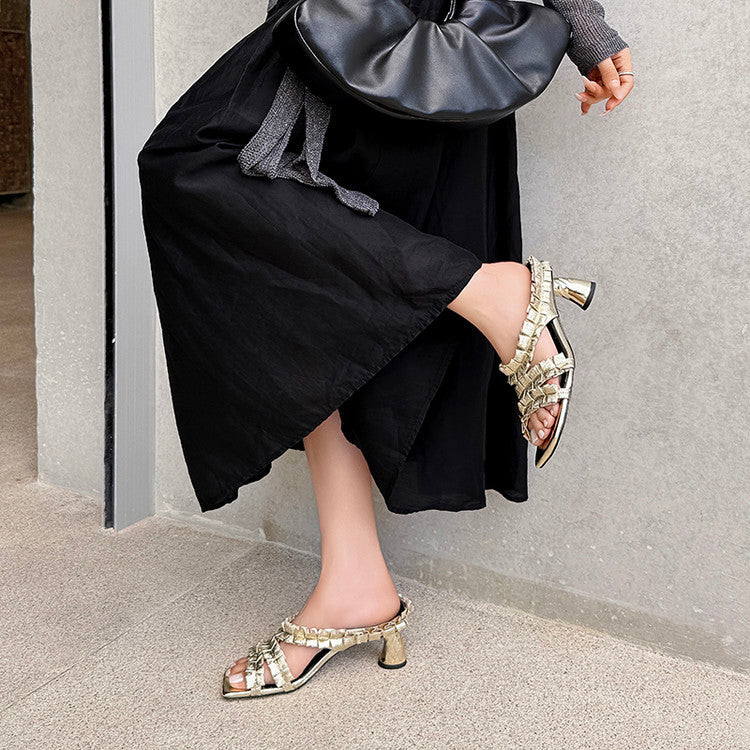 Karin Luna In Stock  Spot Goods  Unique Square-Toe Pleated Lace Sandals