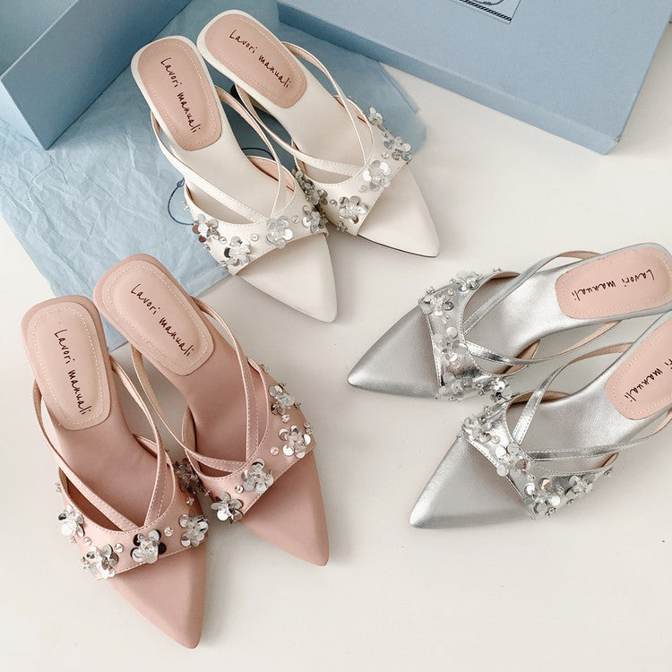 Karin Luna Bestseller Sequin Elements Elegant Pointed Toe Irregular Heel Slippers