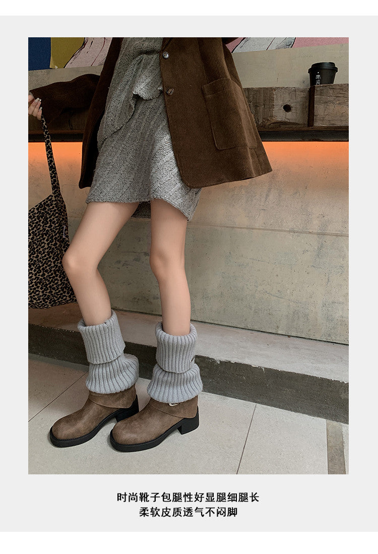 Karin Luna In Stock Spot Goods Versatile Basic Round Toe Belt Buckle Thick Sole Tube Boots