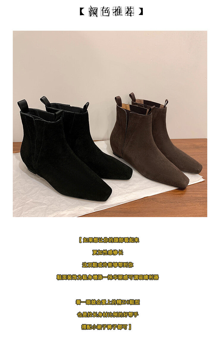 Karin Luna Classic Style Internal Height Increase Cowhide Leather Small Square Toe Short Fashion Boots