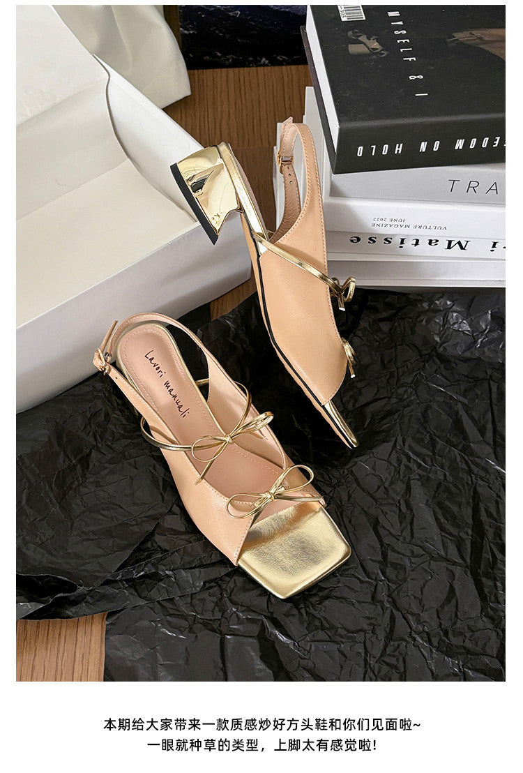 Karin Luna In Stock Spot Goods Square Toe Double Bow Thick Heel Sandals
