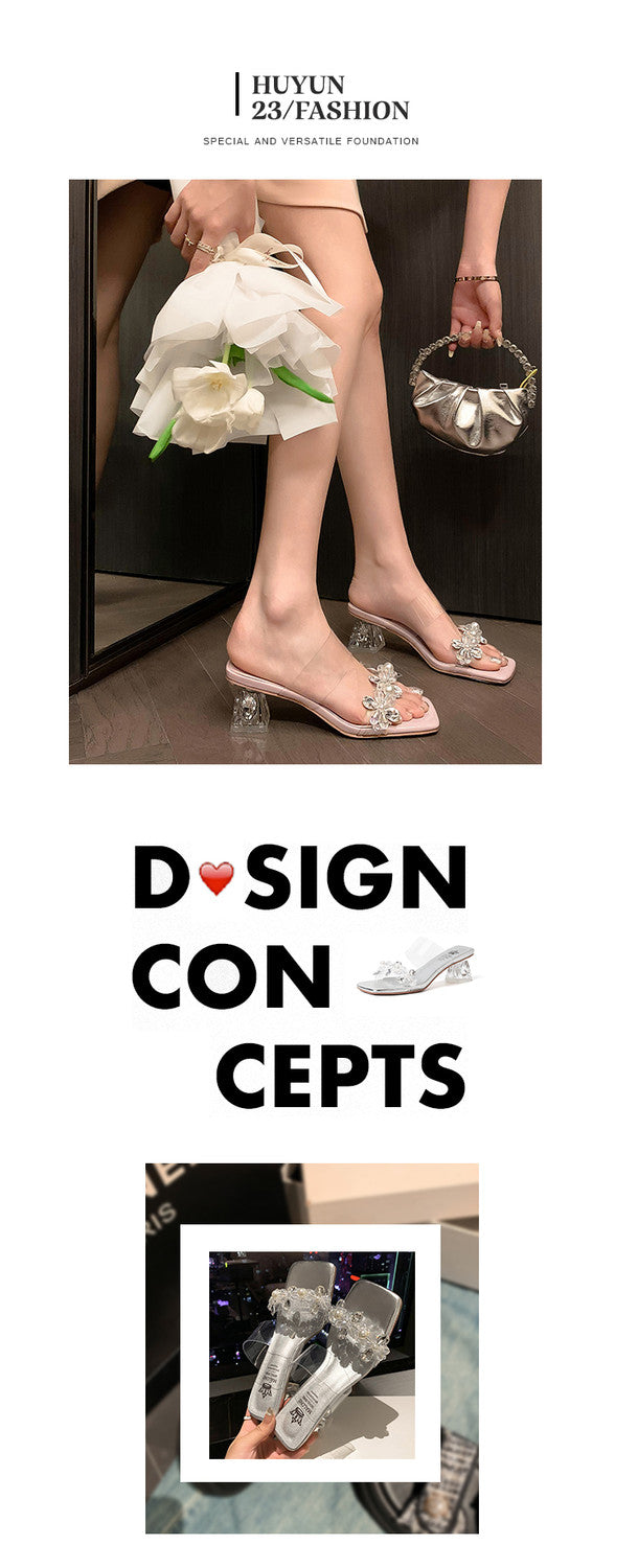 Karin Luna In Stock Spot Goods  Always in stock Square Toe Sweet Rhinestone Crystal Heel Slippers