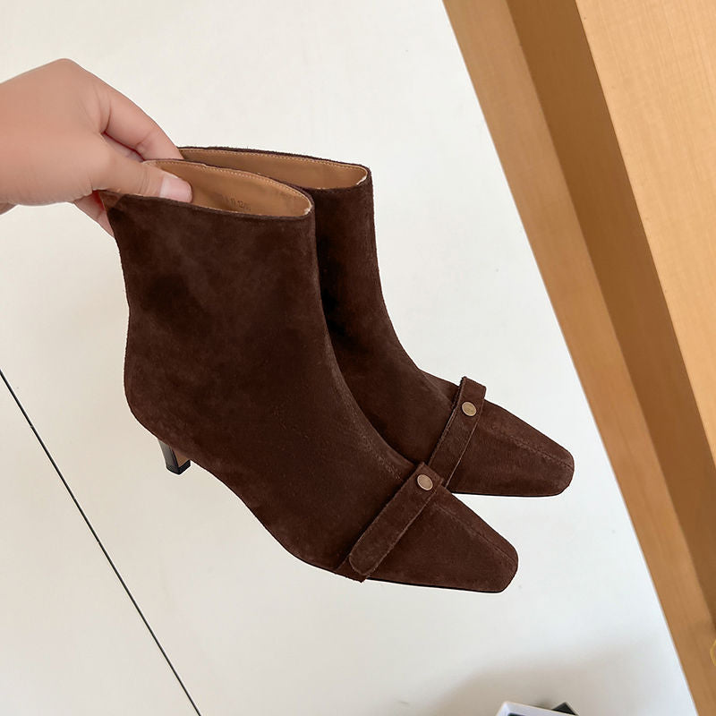 Karin Luna Elegant Style Small Square Toe Belt Buckle Thin Heel Short Boots