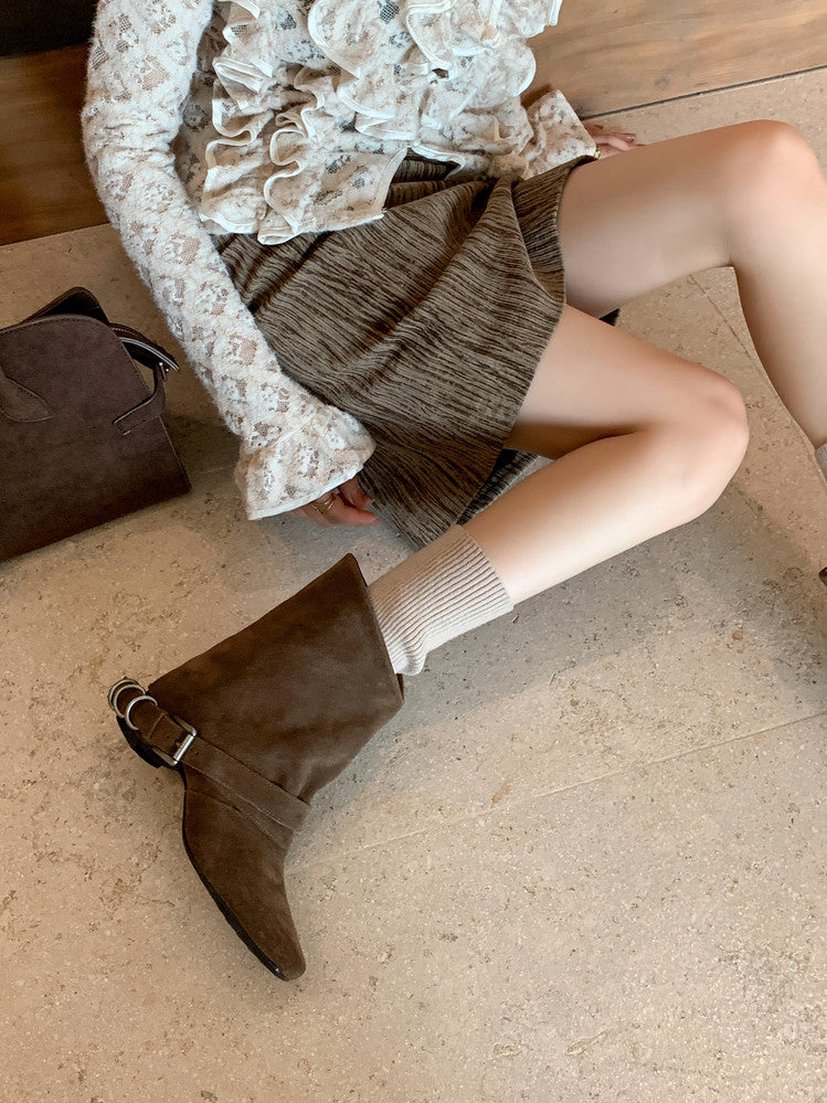 Karin Luna Data Hot Item Square Toe Hidden Wedge Belt Buckle Suede Ankle Boots