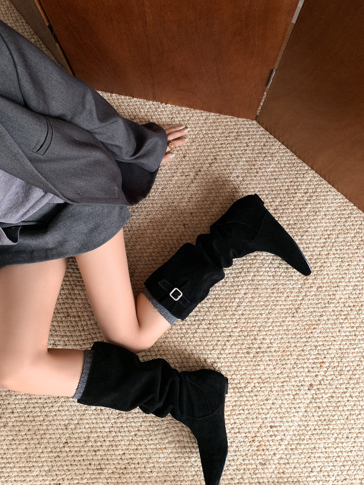 Karin Luna In Stock Spot Goods Vintage Cowhide Leather Chunky Heel Height Increasing Long Boots