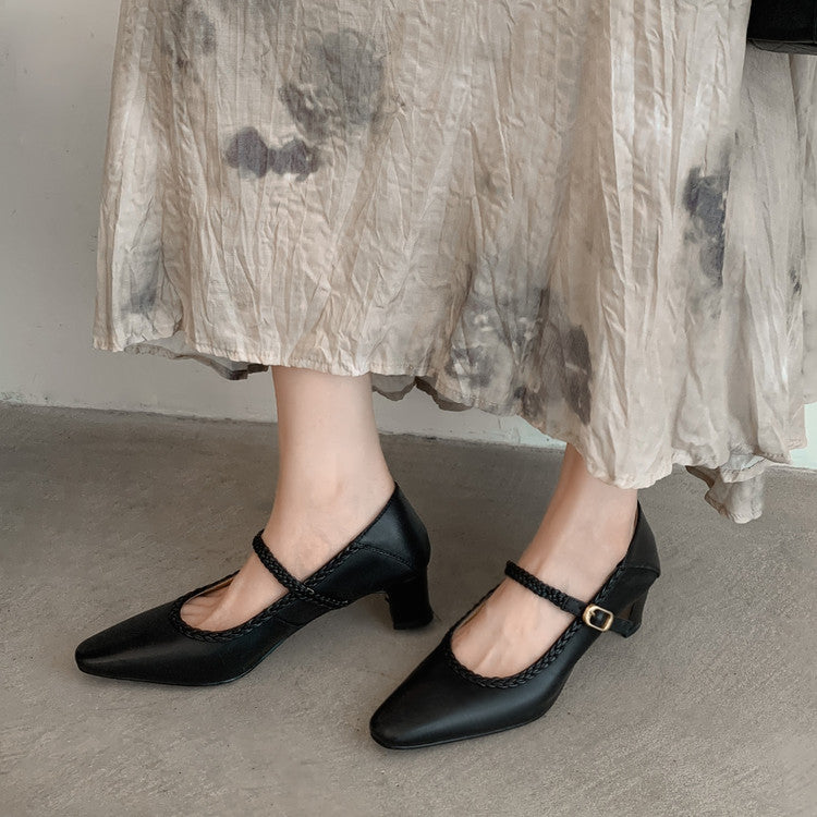 Karin Luna Braided Element Design Chunky Heel Square Toe Single Strap Shoes