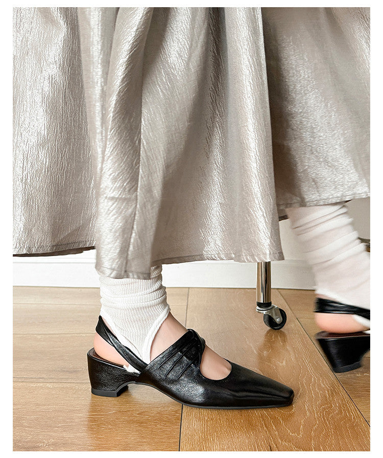 Karin Luna In Stock  Spot Goods Small Square Toe Wrinkled Chunky Heel Closed-Toe Sandals