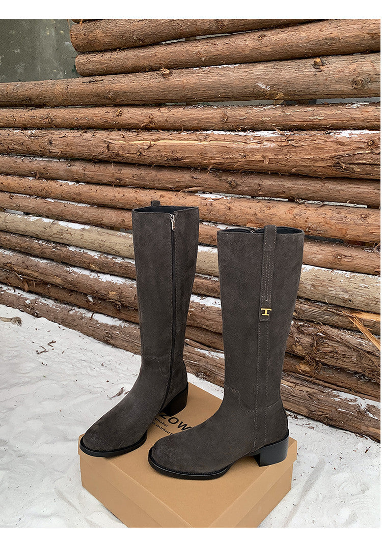 Karin Luna In Stock Spot Goods Basic Retro Square Toe Chunky Heel Riding Boots