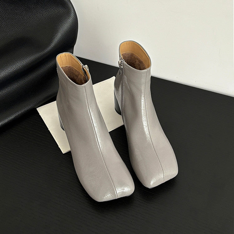Karin Luna French Style Square Toe Chunky Heel Ankle Boots